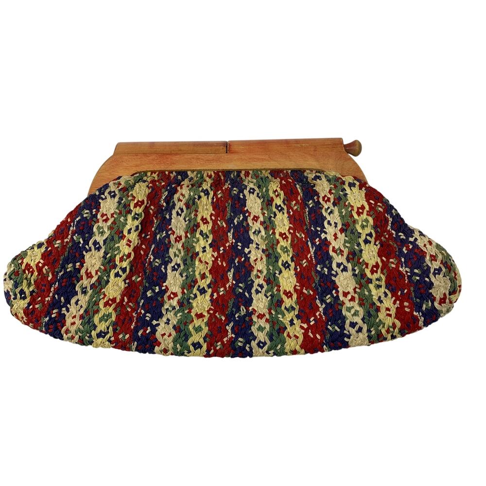 Vintage 60s 70s Crochet Clutch Purse Wood Frame Multicolor Boho Handbag